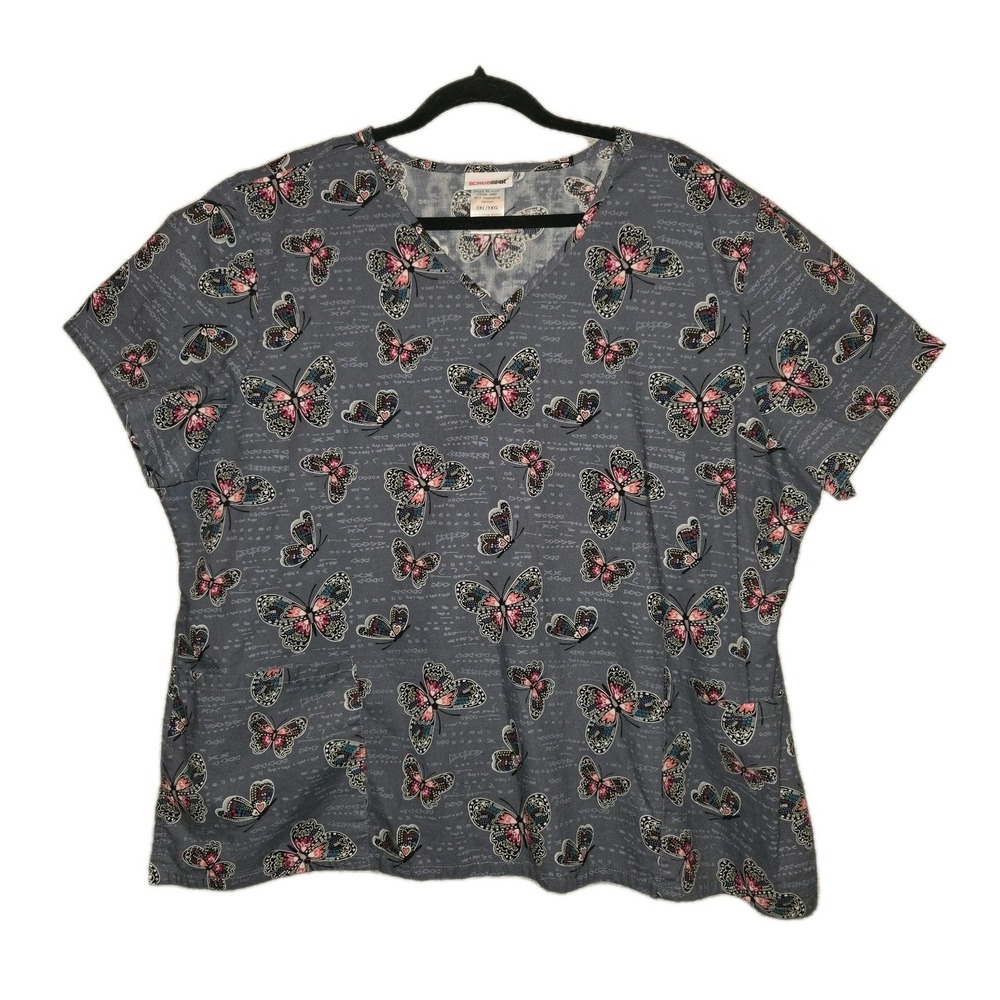 Scrubstar Gray Butterfly Scrub Top Womens 3XL 100% Cotton Medical Nurse Vet Tech